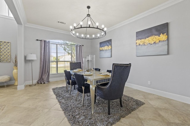 847 Bentwater Pkwy, Grand Prairie, TX 75104 - dining room featuring ornamental molding, a chandelier, baseboards, and light tile patterned flooring