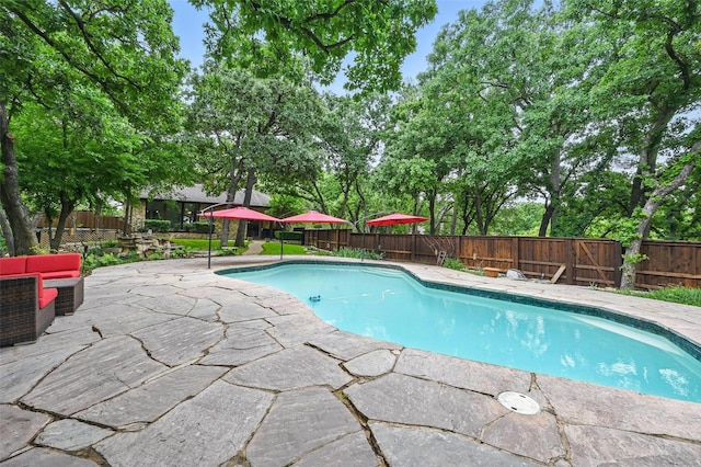 view of pool featuring a fenced in pool, a fenced backyard, and a patio area