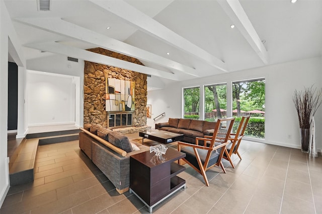 tiled living area featuring recessed lighting, baseboards, visible vents, and vaulted ceiling with beams