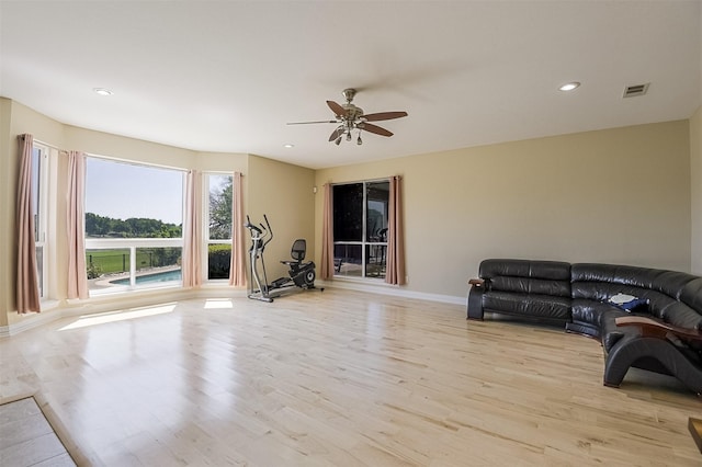232 Wilshire Dr, Coppell, TX 75019 - exercise area featuring baseboards, recessed lighting, a ceiling fan, visible vents, and wood finished floors
