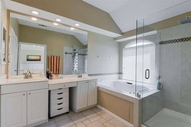232 Wilshire Dr, Coppell, TX 75019 - bathroom featuring vanity, a stall shower, visible vents, a bath, and lofted ceiling
