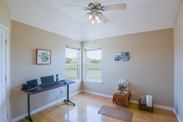232 Wilshire Dr, Coppell, TX 75019 - home office featuring baseboards, a ceiling fan, vaulted ceiling, and wood finished floors