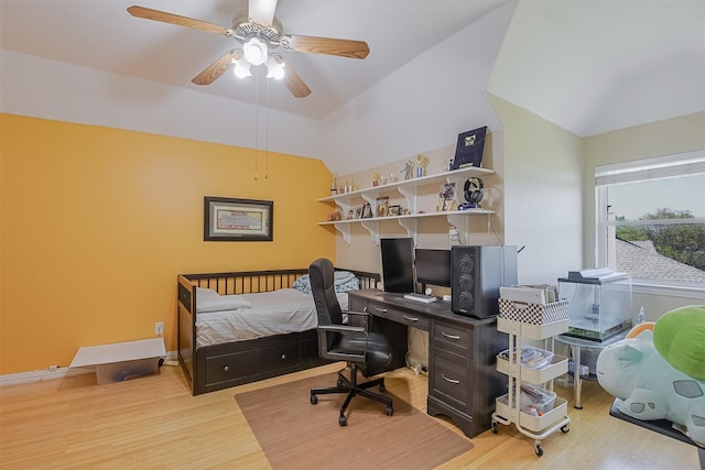 232 Wilshire Dr, Coppell, TX 75019 - home office with baseboards, a ceiling fan, wood finished floors, and lofted ceiling