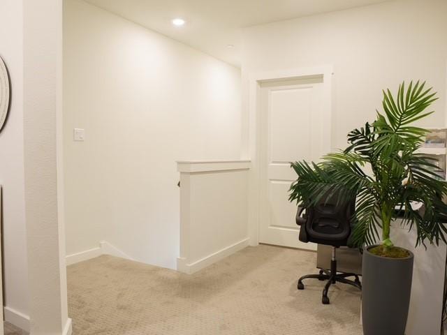office area featuring recessed lighting and light carpet