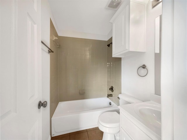 full bathroom featuring vanity, bathing tub / shower combination, tile patterned flooring, toilet, and visible vents