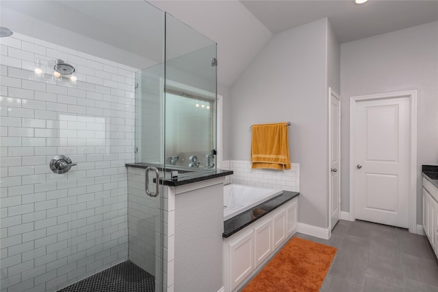 616 Point Vista Dr, Aledo, TX 76008 - full bathroom with a stall shower, baseboards, a garden tub, tile patterned flooring, and lofted ceiling