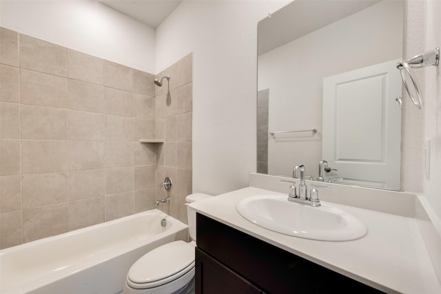 full bathroom with toilet, vanity, and bathing tub / shower combination
