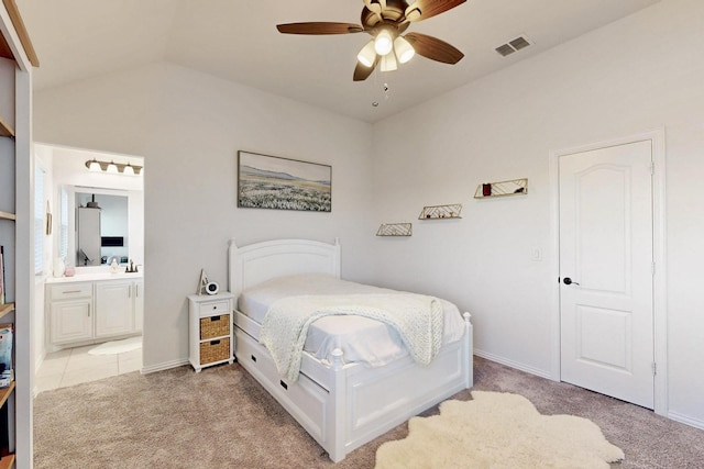 1979 Frediano Ln, Mclendon Chisholm, TX 75032 - bedroom with connected bathroom, a ceiling fan, light carpet, visible vents, and vaulted ceiling