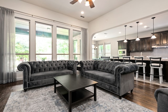 3 Asheville Ln, Trophy Club, TX 76262 - living area with ceiling fan, dark wood finished floors, and recessed lighting