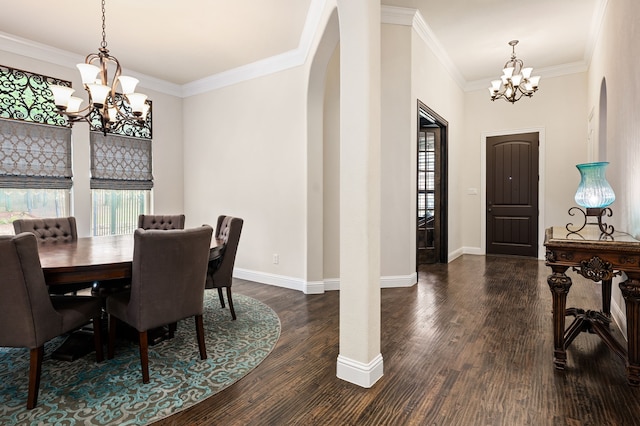 3 Asheville Ln, Trophy Club, TX 76262 - dining space with a chandelier, arched walkways, plenty of natural light, dark wood-type flooring, and ornamental molding