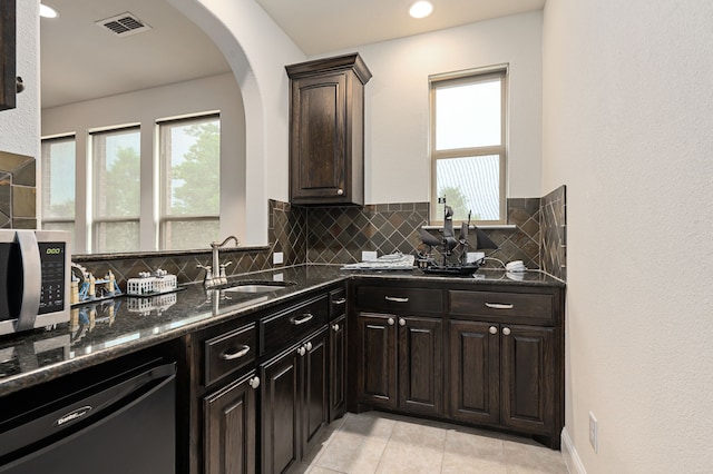 3 Asheville Ln, Trophy Club, TX 76262 - kitchen featuring a sink, dishwasher, backsplash, and dark stone counters