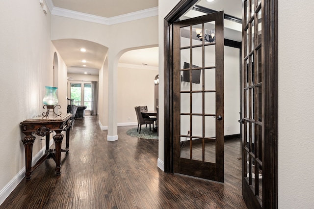3 Asheville Ln, Trophy Club, TX 76262 - corridor featuring arched walkways, wood finished floors, baseboards, crown molding, and french doors