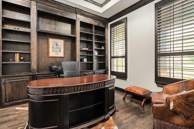 3 Asheville Ln, Trophy Club, TX 76262 - office area with ornamental molding, dark wood-type flooring, and built in shelves