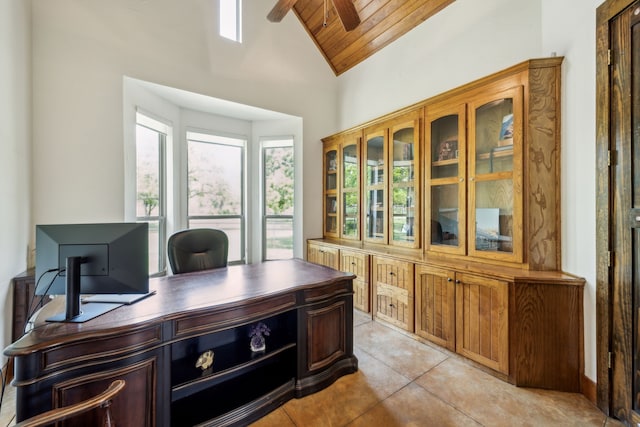 office space featuring high vaulted ceiling, wood ceiling, ceiling fan, and light tile patterned floors
