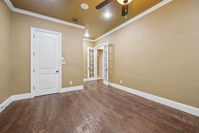 4401 Sorrel Ct, Flower Mound, TX 75028 - unfurnished room with ceiling fan, crown molding, french doors, baseboards, and wood finished floors