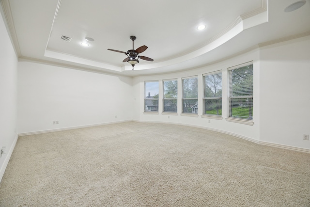 4401 Sorrel Ct, Flower Mound, TX 75028 - carpeted spare room featuring a raised ceiling, ornamental molding, ceiling fan, baseboards, and recessed lighting