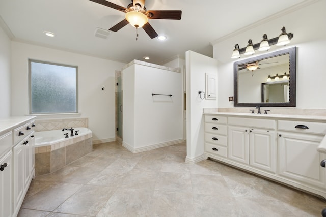 4401 Sorrel Ct, Flower Mound, TX 75028 - bathroom featuring a ceiling fan, a bath, a stall shower, vanity, and crown molding