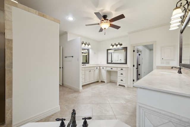 4401 Sorrel Ct, Flower Mound, TX 75028 - bathroom featuring a ceiling fan, crown molding, vanity, baseboards, and recessed lighting