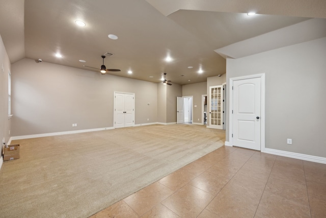 4401 Sorrel Ct, Flower Mound, TX 75028 - unfurnished room with a ceiling fan, lofted ceiling, light carpet, baseboards, and recessed lighting