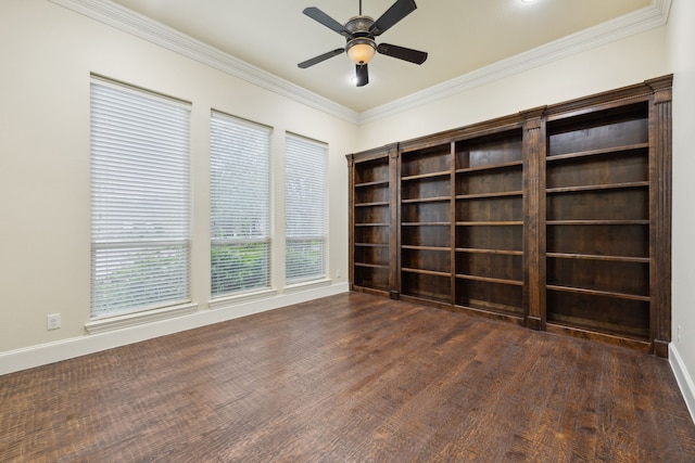4401 Sorrel Ct, Flower Mound, TX 75028 - spare room featuring ornamental molding, ceiling fan, baseboards, and dark wood finished floors