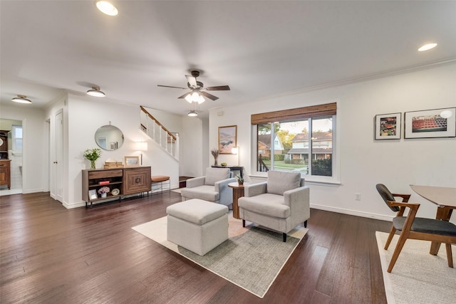 9375 Springwater Dr, Dallas, TX 75228 - living area with stairs, baseboards, dark wood-style flooring, recessed lighting, and ceiling fan