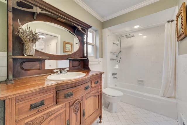 9375 Springwater Dr, Dallas, TX 75228 - full bathroom with tile patterned floors, toilet, vanity, shower / bath combination with curtain, and ornamental molding