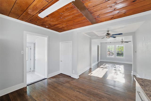1101 Melbourne Ave, Dallas, TX 75224 - unfurnished room with baseboards, wooden ceiling, ornamental molding, ceiling fan, and dark wood finished floors