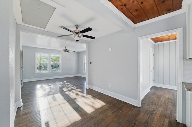 1101 Melbourne Ave, Dallas, TX 75224 - spare room featuring dark wood-type flooring, baseboards, a ceiling fan, and wooden ceiling