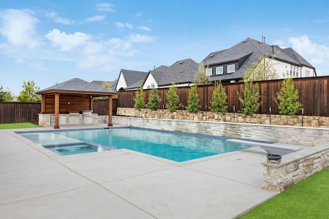 2720 Whirlaway Ct, Celina, TX 75009 - view of pool featuring a gazebo, area for grilling, a patio area, a fenced backyard, and a pool with connected hot tub
