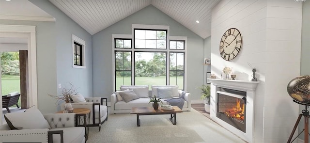 living room with lofted ceiling, a healthy amount of sunlight, and a lit fireplace