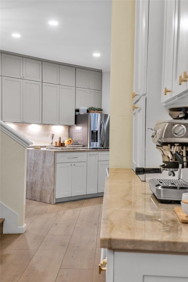 2325 Heather Ridge Dr, Flower Mound, TX 75028 - kitchen featuring gray cabinetry, stainless steel refrigerator with ice dispenser, recessed lighting, and decorative backsplash