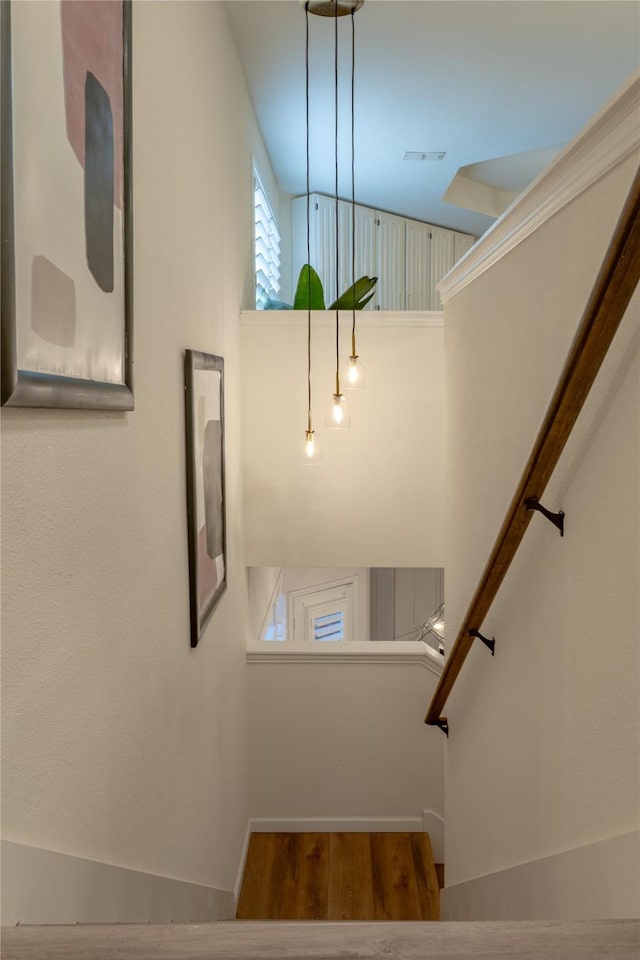 2325 Heather Ridge Dr, Flower Mound, TX 75028 - stairs featuring visible vents, baseboards, and wood finished floors