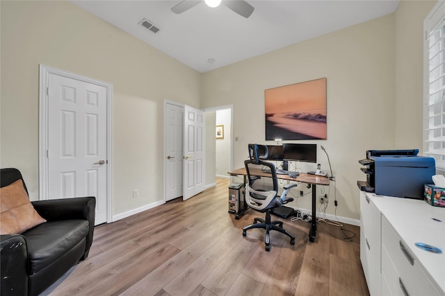 2325 Heather Ridge Dr, Flower Mound, TX 75028 - office with light wood-type flooring, ceiling fan, baseboards, and visible vents