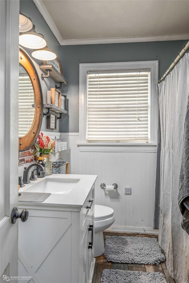 full bath featuring plenty of natural light, vanity, crown molding, and toilet