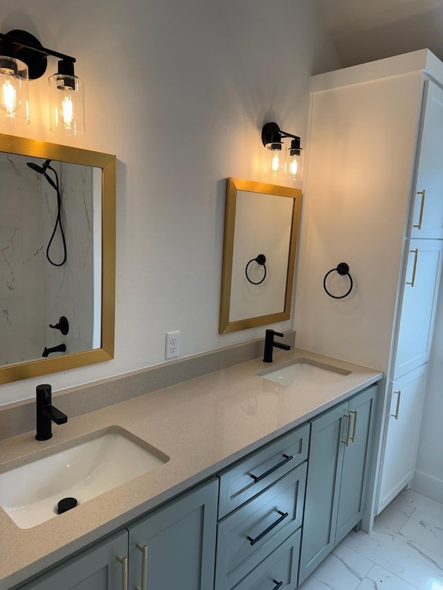 608 N Mill St, Weatherford, TX 76086 - full bath featuring marble finish floors, double vanity, and a marble finish shower
