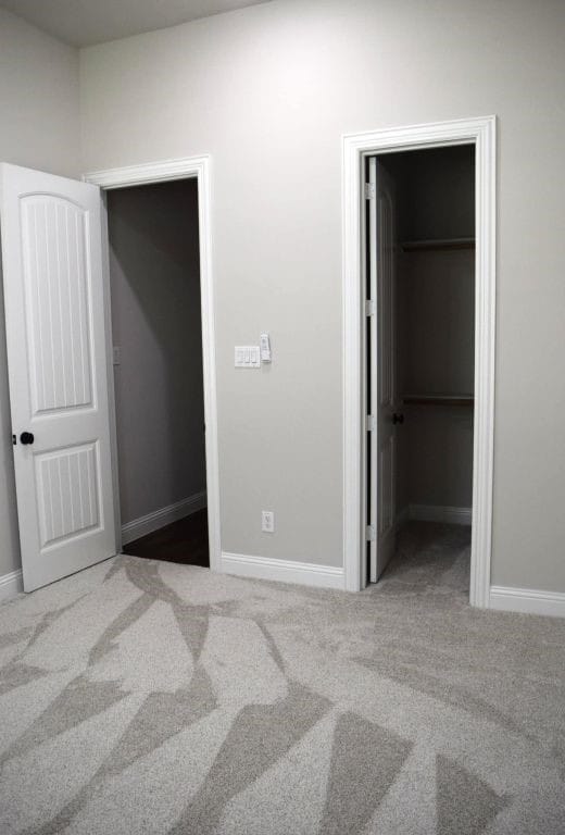 unfurnished bedroom featuring a spacious closet, carpet, a closet, and baseboards