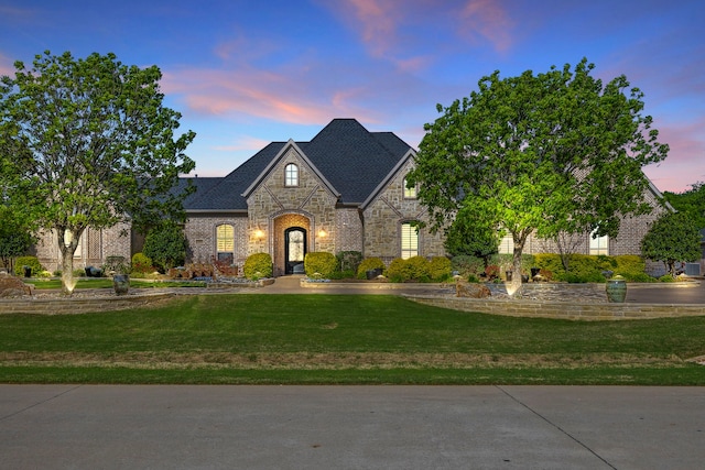 french country home with brick siding, stone siding, and a front yard