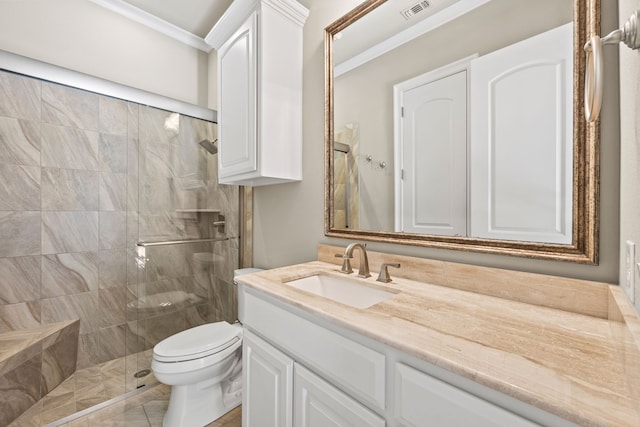 full bath with visible vents, toilet, crown molding, a shower stall, and vanity