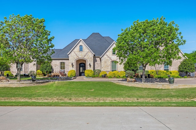 french provincial home with stone siding, a front lawn, and brick siding