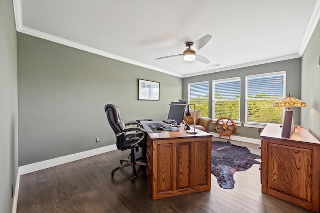 2286 White Stag Rd, Celina, TX 75009 - office featuring ornamental molding, baseboards, a ceiling fan, and dark wood-style flooring