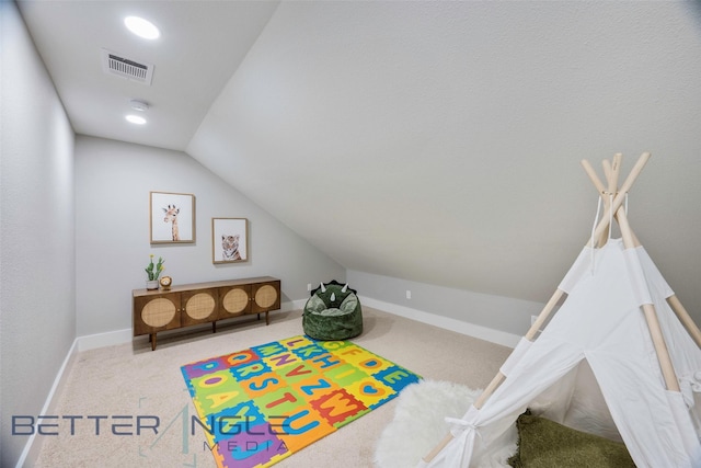 11006 Ferndale Rd, Dallas, TX 75238 - rec room featuring carpet, visible vents, recessed lighting, lofted ceiling, and baseboards