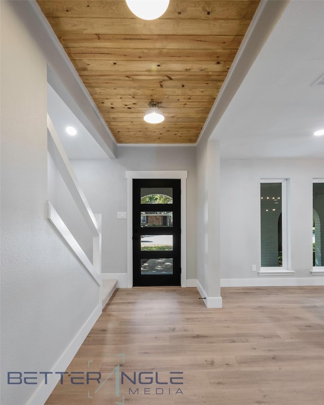 11006 Ferndale Rd, Dallas, TX 75238 - foyer featuring baseboards, stairs, wood finished floors, and wood ceiling