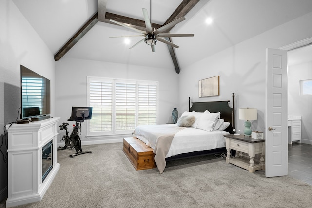 5685 Florance Rd, Northlake, TX 76247 - bedroom with beam ceiling, baseboards, ceiling fan, carpet flooring, and high vaulted ceiling