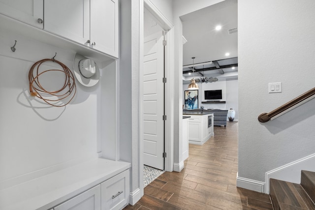 5685 Florance Rd, Northlake, TX 76247 - mudroom featuring dark wood-style floors, baseboards, and recessed lighting