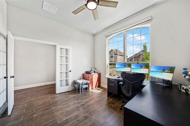 6224 Horsetail Dr, Mckinney, TX 75071 - living area featuring visible vents, a ceiling fan, baseboards, and wood finished floors