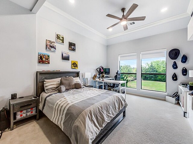 bedroom featuring recessed lighting, visible vents, ornamental molding, light colored carpet, and ceiling fan