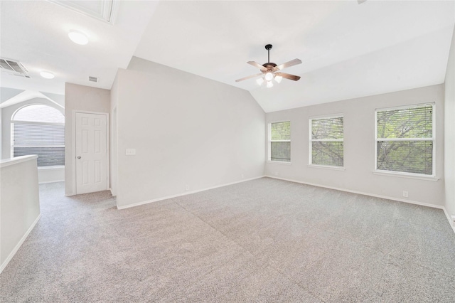 8625 Luzerne Dr, Mckinney, TX 75072 - empty room with visible vents, baseboards, a ceiling fan, carpet flooring, and lofted ceiling