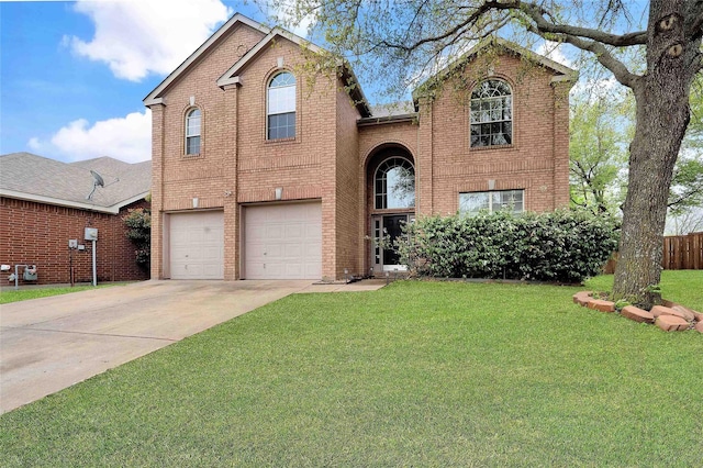 8625 Luzerne Dr, Mckinney, TX 75072 - traditional home featuring concrete driveway, a front lawn, brick siding, a garage, and fence