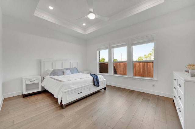 4729 Brockwell Dr, Carrollton, TX 75010 - bedroom featuring recessed lighting, light wood-type flooring, a raised ceiling, and baseboards