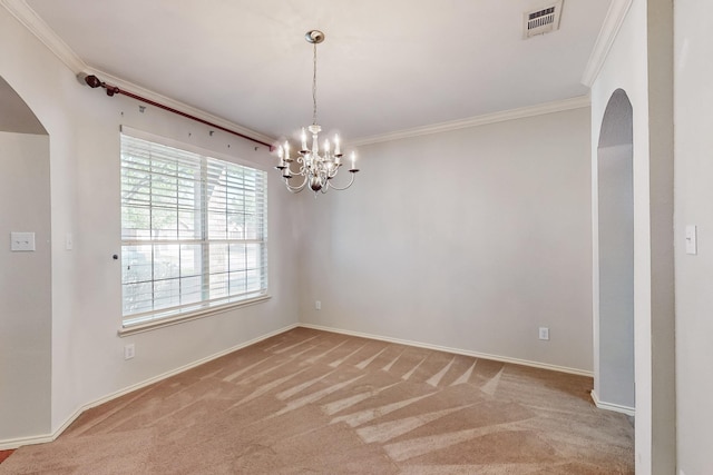 104 Bayonne Dr, Mansfield, TX 76063 - empty room with light carpet, arched walkways, crown molding, a chandelier, and baseboards